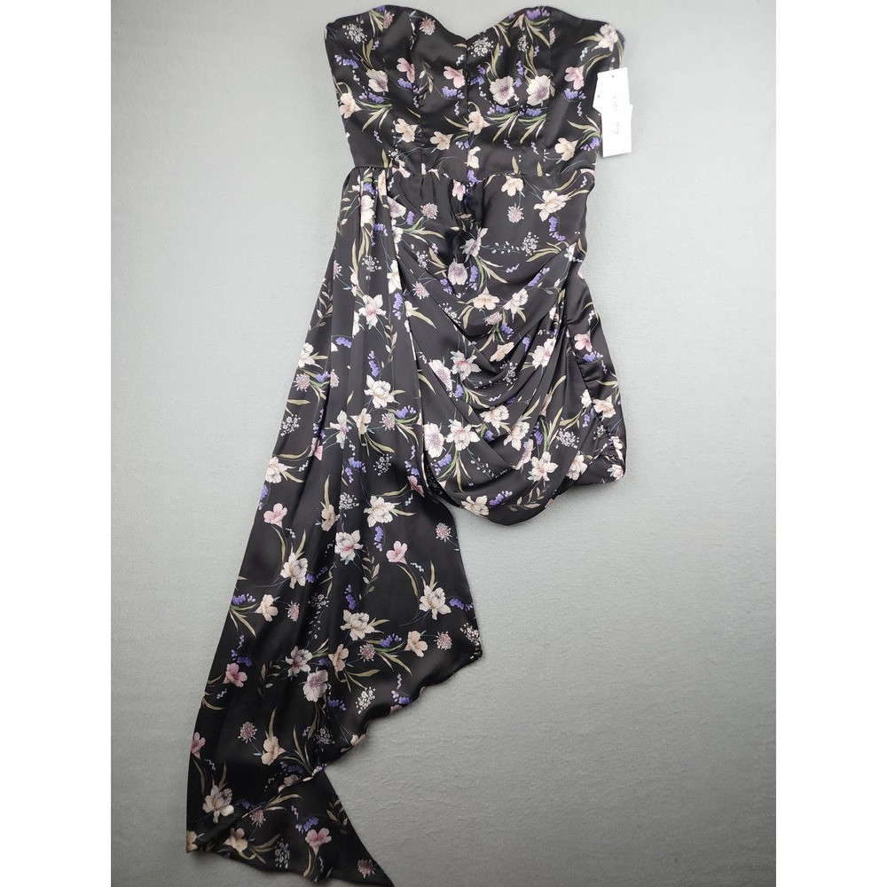 Katie May Chasing Dawn Dress Womens XL Black Floral Strapless Ruched Asym Mini
